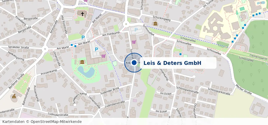 Kartenausschnitt von Sögel mit markiertem Standort der Leis & Deters GmbH an der Kolpingstraße